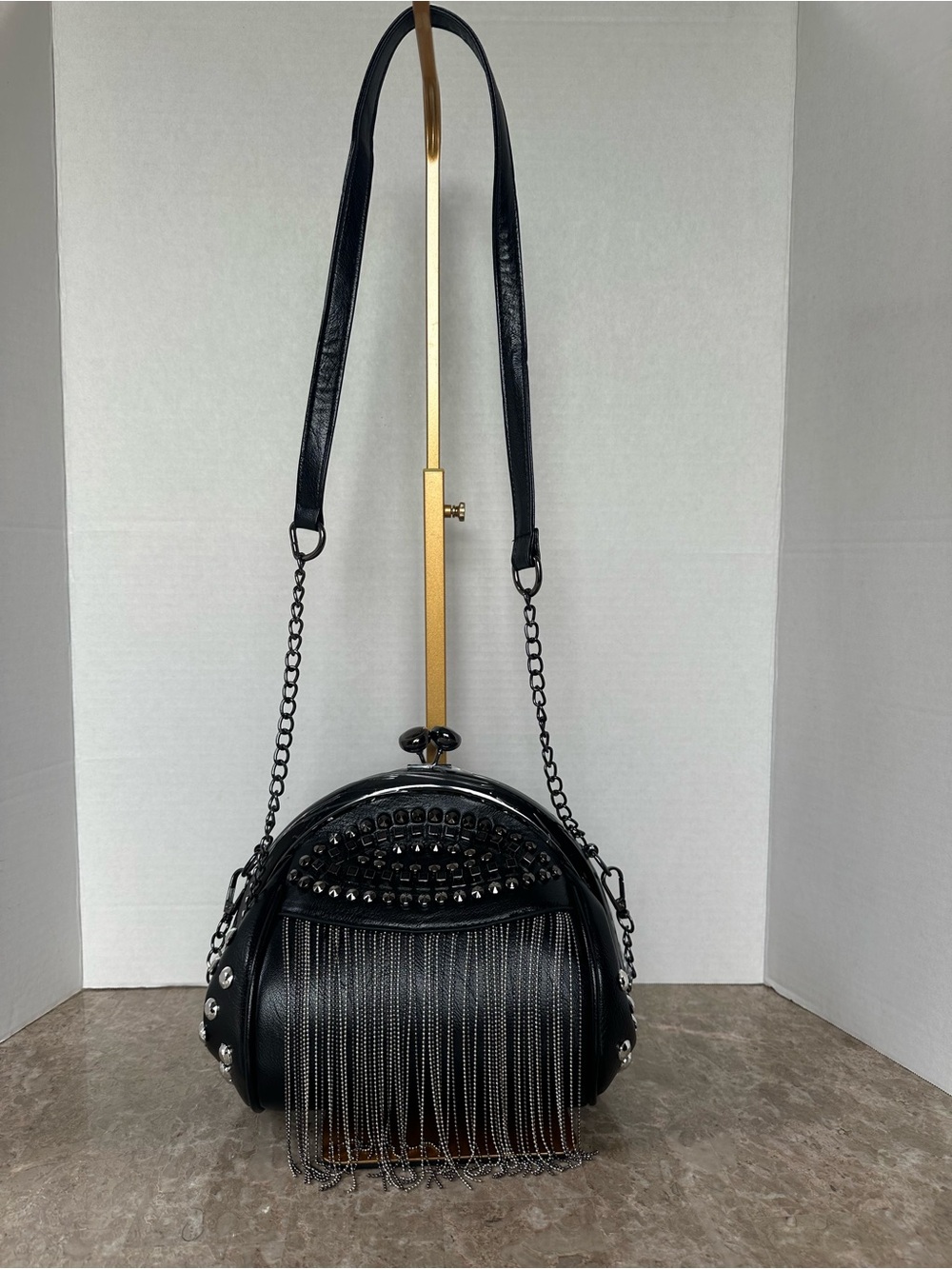 Mall Goth Punk Kiss Lock Crossbody Bag Fringe Chain Studded Rocker Emo Black
